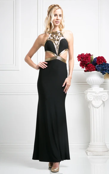 Jewel-Neck Sleeveless Jersey Sheath Dress with Sequins Ankle-Length Illusion