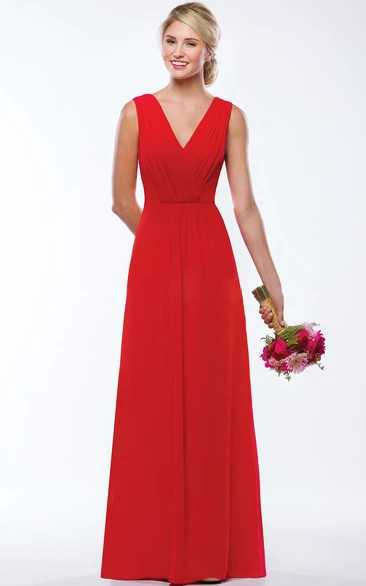 V-Neck Pleated A-Line Bridesmaid Dress with Sleeveless Design