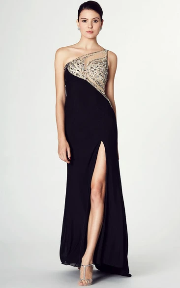 Sleeveless Sheath Jersey Prom Dress with One-Shoulder and Split-Front
