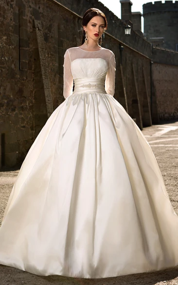 Satin Ball Gown Wedding Dress with Illusion Sleeves Ruching and Beading