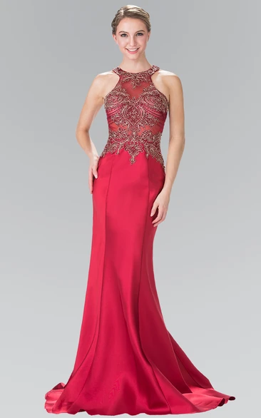 Satin Sheath Sleeveless Jewel Neckline Prom Dress with Appliques