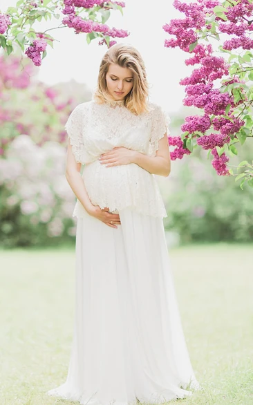 Short Sleeve A-Line Maternity Wedding Dress with Sweep Train