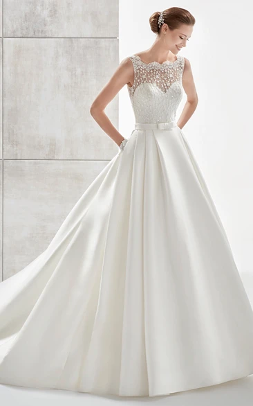 Lace Bodice Satin Skirt A-Line Wedding Dress Scallop-Neck Style