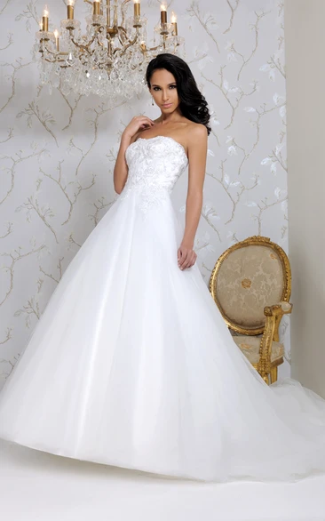 Tulle Wedding Dress with Chapel Train Strapless & Appliqued