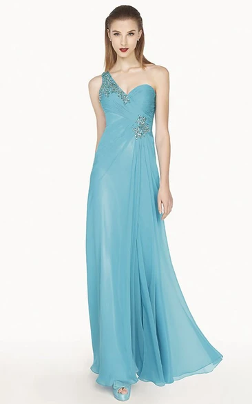 A-Line One Shoulder Chiffon Prom Dress with Crystal and Keyhole Back Classy Evening Dress