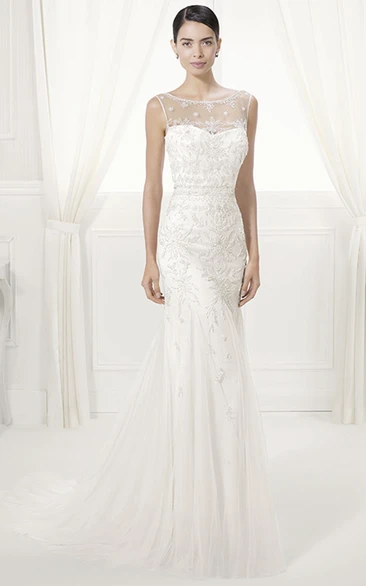 Sheath Tulle Wedding Dress with Jewel Neck V-Back and Appliques