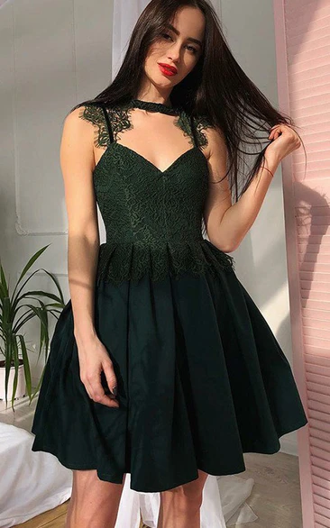 Lace Sleeveless A-line Mini Homecoming Dress with High Neck and V-neck