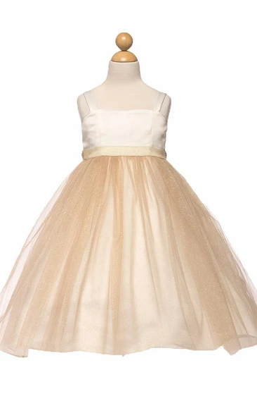 Spaghetti Empire Tea-Length Flower Girl Dress with Tiered Tulle