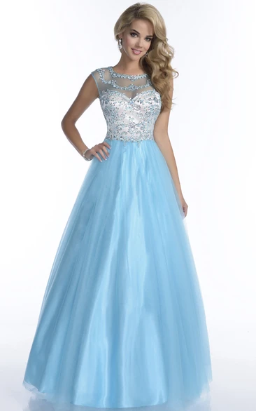 A-Line Tulle Cap Sleeve Prom Dress with Rhinestone Bodice and Illusion Back