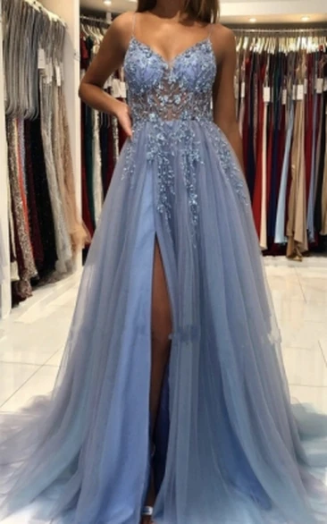 Lace Tulle Prom Dress with Appliques A-Line V-Neck Elegant Women 2024