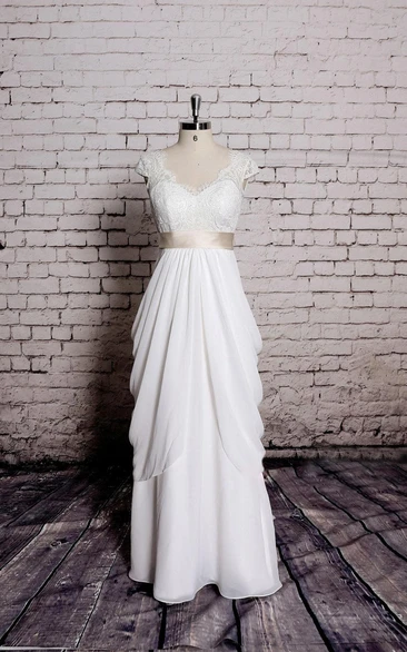 Lace Cap Sleeve Chiffon Skirt Wedding Dress with Champagne Sash Unique Bridal Gown