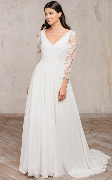 Chiffon A Line V-neck Wedding Dress with Ruching Simple & Floor-length
