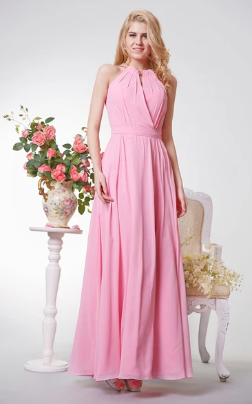 Long Chiffon Prom Dress with Halter Neckline and Keyhole Back