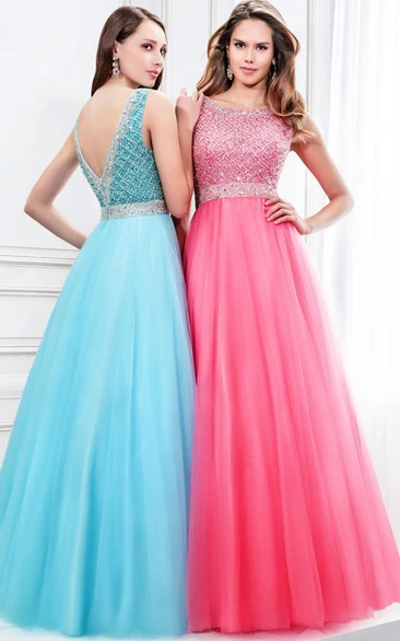 Sleeveless Tulle Prom Dress with Beaded Scoop Neckline A-Line Style