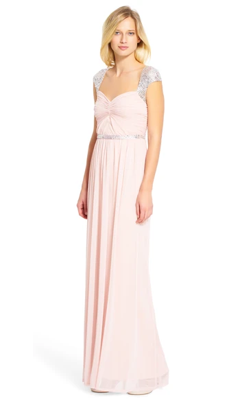 Cap-Sleeve Chiffon Bridesmaid Dress with Ruching Beaded Sheath