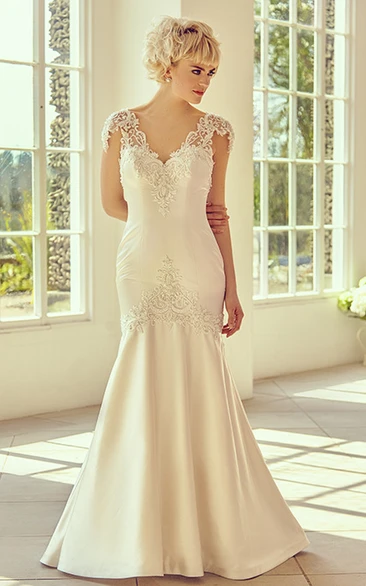 Satin Cap-Sleeve V-Neck Wedding Dress Court Train and V Back