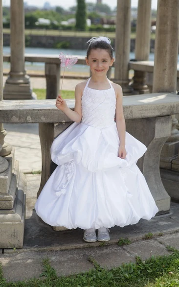 Ruffled Taffeta Flower Girl Long Dress with Halter Neckline