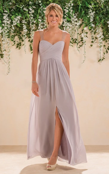 Sleeveless A-Line Bridesmaid Dress with Illusion Straps and Front Slit Flowy Bridesmaid Dress