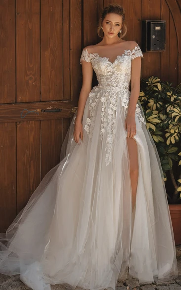 Off-the-Shoulder A-Line Lace Wedding Dress with Appliques Romantic & Unique