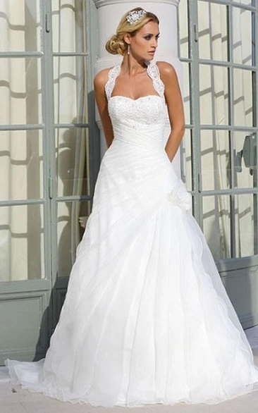 Halter A-Line Tulle Wedding Dress Sleeveless Floor-Length Flower and Draping