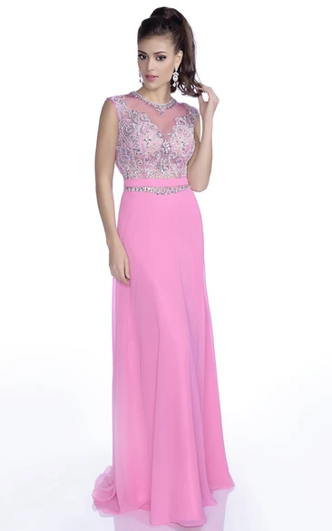 Chiffon Rhinestone Sleeveless Formal Dress with Appliques