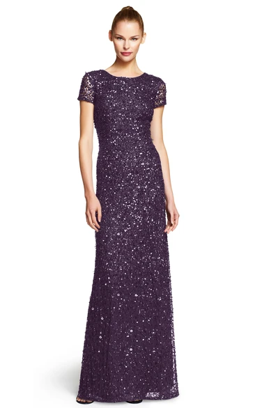 Short-Sleeve Sequined Sheath Bridesmaid Dress with Scoop Neck