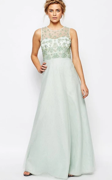 A-Line Beaded Tulle Bridesmaid Dress with Illusion Back and Scoop Neck Simple Country Dress