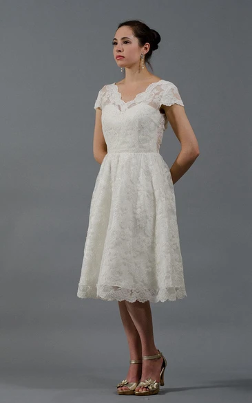 Knee-Length Wedding Dress with Cap Sleeves Alencon Lace and Chic Style