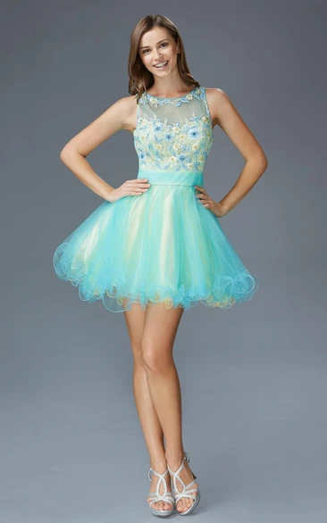 Colorful A-Line Tulle Illusion Dress with Appliques and Ruffles