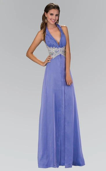 Halter Sheath Backless Formal Dress with Ruching and Waist Jewelry