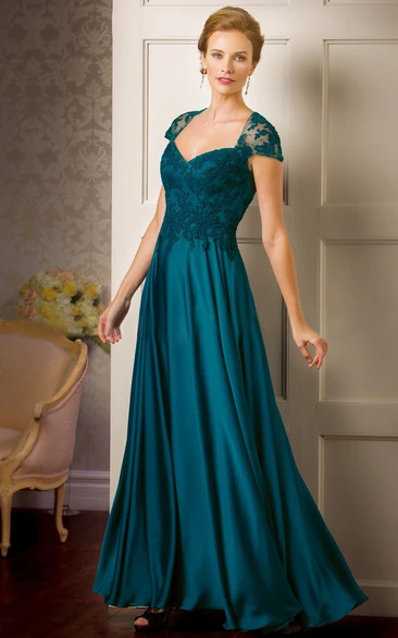 Long Appliqued Mother Of The Bride Dress with Cap Sleeves and Illusion Back