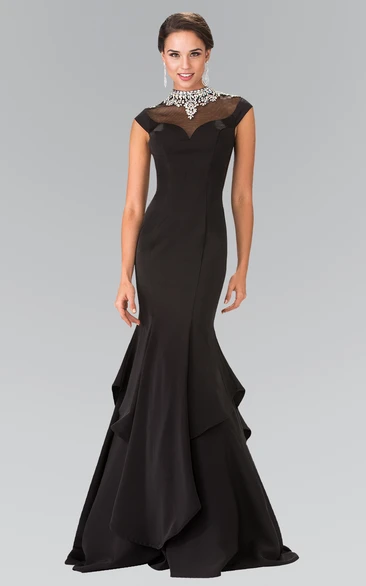 Cap-Sleeve Mermaid Satin Illusion Dress with Beading and Draping Flowy Formal Dress