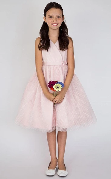 Tiered Tulle & Satin Flower Girl Dress Tea-Length V-Neck