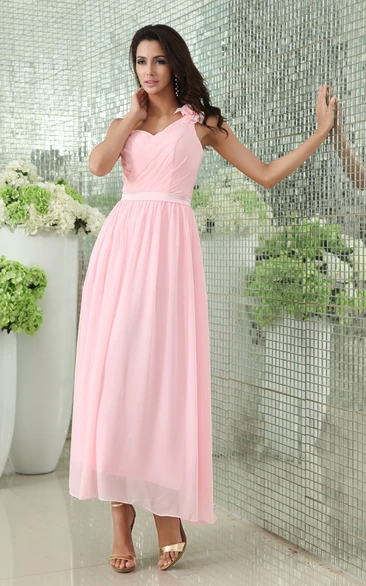 Empire Ankle-Length Dress with Floral Strap and Crisscross Ruching Modern Women's Bridesmaid Dress