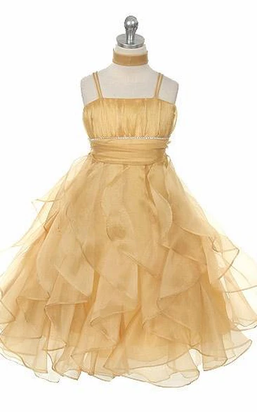 Empire Organza Flower Girl Dress with Tiered Pleats Ankle-Length Cape and Ribbon Unique Style