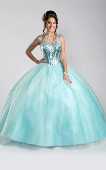 Sequined Bodice Tulle A-Line Prom Dress with Keyhole Back