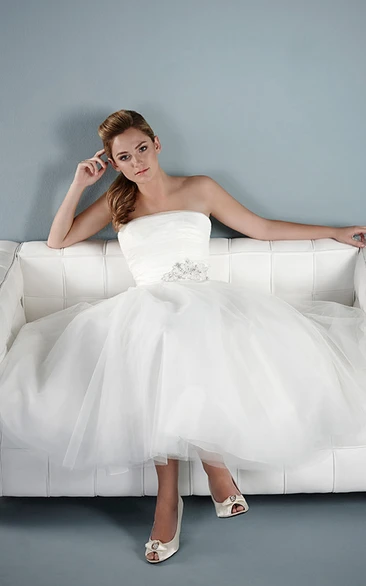 Jeweled Tulle Tea-Length Wedding Dress in A-Line Style