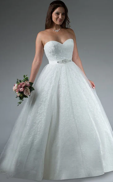 Lace Ball Gown Wedding Dress with Sweetheart Neckline and Crystal Sash