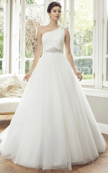 Jeweled One-Shoulder Tulle Wedding Dress with Ruching Ball Gown