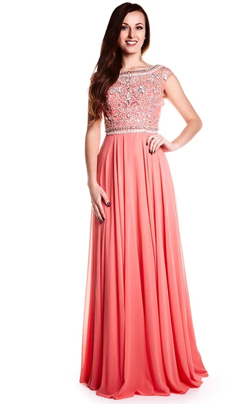 Crystal Cap Sleeve Chiffon Prom Dress with Keyhole Unique Prom Dress