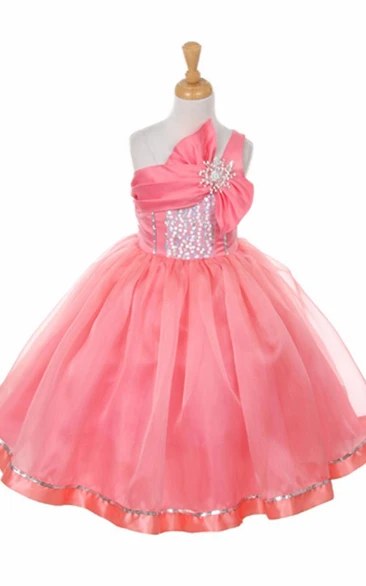 Tiered Organza Flower Girl Dress with Sequins and Ribbon Tea-Length