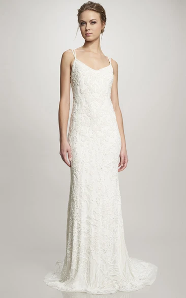 Lace Spaghetti Floor-Length Wedding Dress with Brush Train and V-Back Elegant Bridal Gown