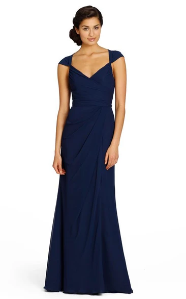 A-Line Chiffon Bridesmaid Dress with Cap-Sleeves Side-Drape Split Front and Keyhole Back