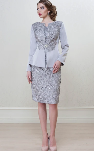 Bateau Neck Satin Knee-Length Mother Of The Bride Dress with Applique and Long Sleeve