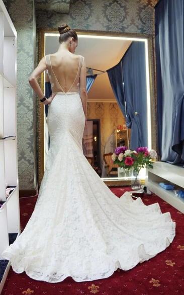 Mermaid Lace Wedding Dress with Beading and Long Train Jewel Neckline