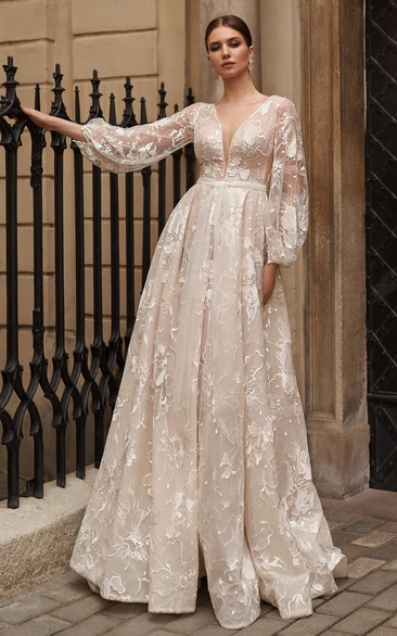 Lace A Line Wedding Dress with Plunging Neckline Exquisite and Unique