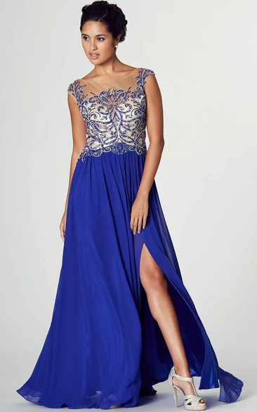 Beaded Chiffon A-Line Prom Dress with Cap Sleeves and Keyhole Back