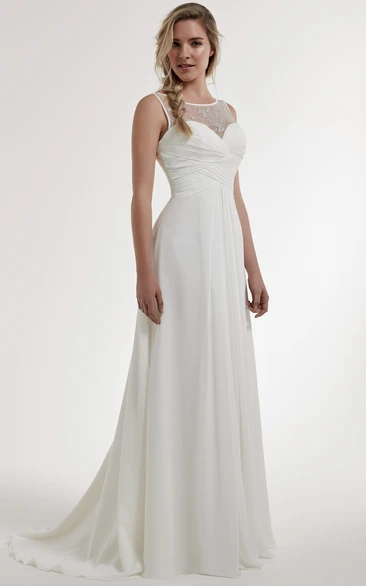 Long Beaded Chiffon A-Line Wedding Dress with Bateau Neckline and Low-V Back Unique Bridal Gown