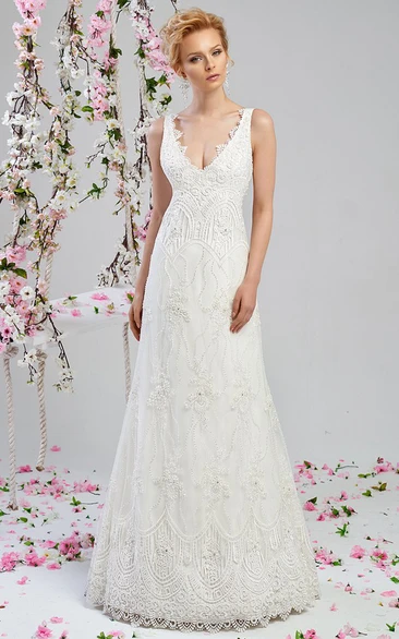 V-Neck Beaded Lace A-Line Wedding Dress Floor-Length