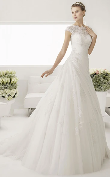 Cap Sleeve Lace Bridal Gown with Bateau Neckline and V-Back